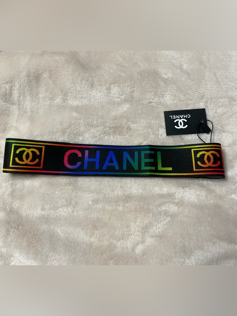 ChaneI Black with Multi-Color Stretch Logo Spellout-Out Headband